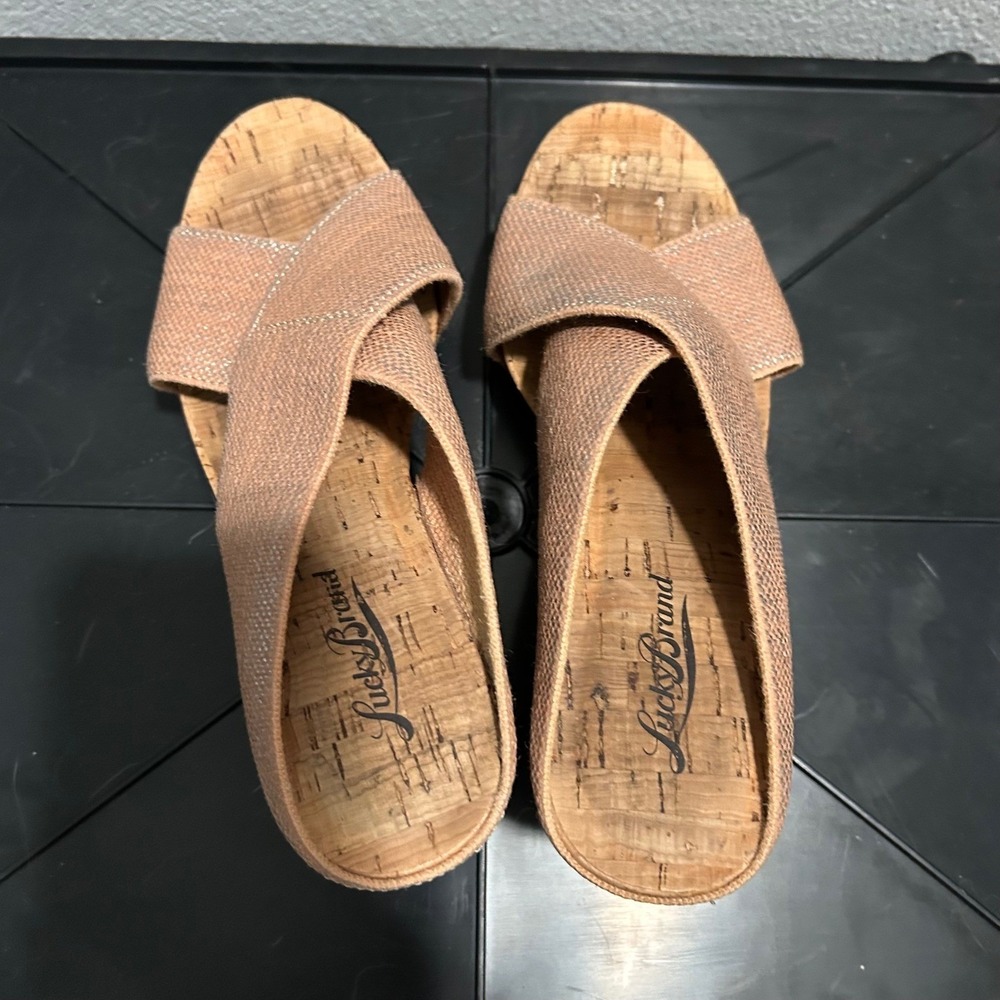 Lucky Brand Womens Rose Gold Metallic Crisscross Cork Wedge Platform Sandals - Picture 2 of 5